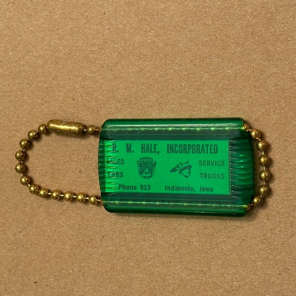 R.M. Hale Inc. Indianola Iowa Service Trucks Ford Sales Cars Green Keychain VTG